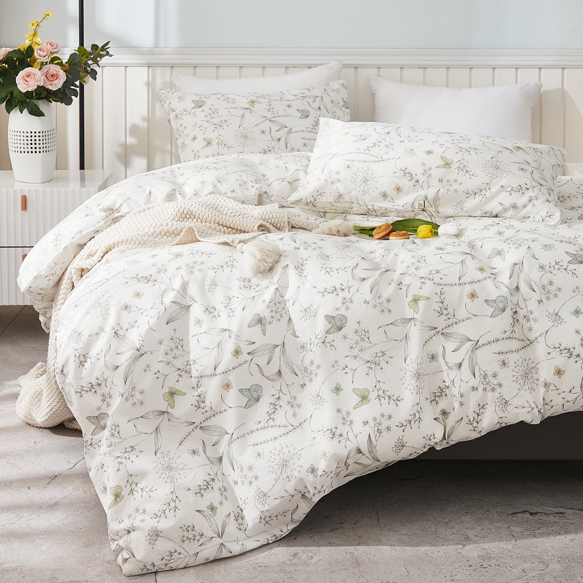 Floral Duvet Cover Set White Organic Cotton Duvet Cover Cottagecore Flower Printed Reversible Bedding Set Queen Size