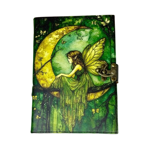 Handmade Leather Journal with Fairy Artwork – 5x7 Inch Vintage Notebook with 200 Deckle Paper Pages, Locking Clasp, Handmade Gift Diary for Writing, Sketching & Collecting
