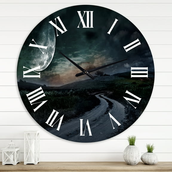 Designart 'Rural Road Through The Meadow Under Full Moon' Nautical & Coastal Wall Clock