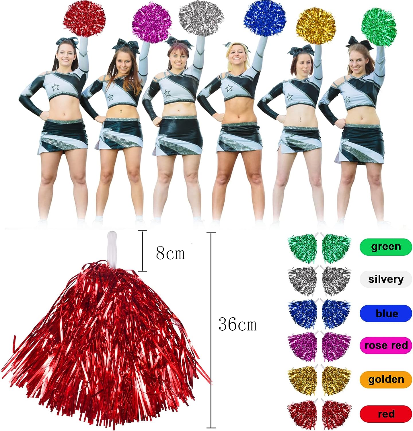 LINLIN 12Pcs Cheerleading Pom Poms Dance Cheer Poms Cheerleader Pompoms Cheer for Kids Adults Ball Dance Sports Team Spirit Cheering Fancy Dress Night Party