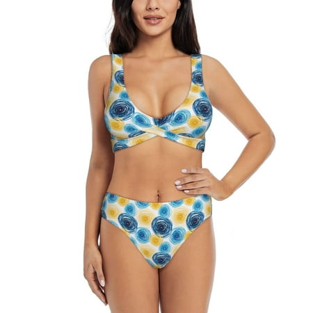 Zeuib Circular High Waisted Tummy Control Bikini Set - Knot Front Push Up Top & Cheeky Thong Bottom  Two-Piece Swimsuit for Women-Medium