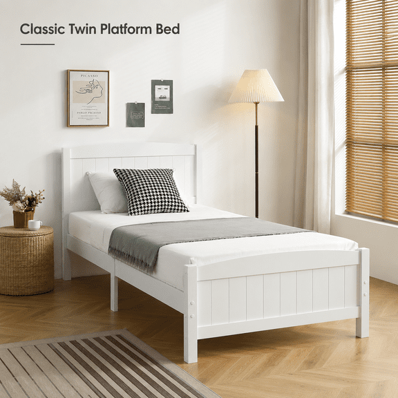 White Wooden Twin Bed, 330lbs Capacity Platform Bed Frame with Headboard and Footboard, 12-Slat Support, Under-Bed Storage, No Box Spring Needed