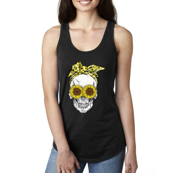 Skull Sunflower Skeleton Bandana Inspirational/Christian Ladies Racerback Tank Top, Black, Small