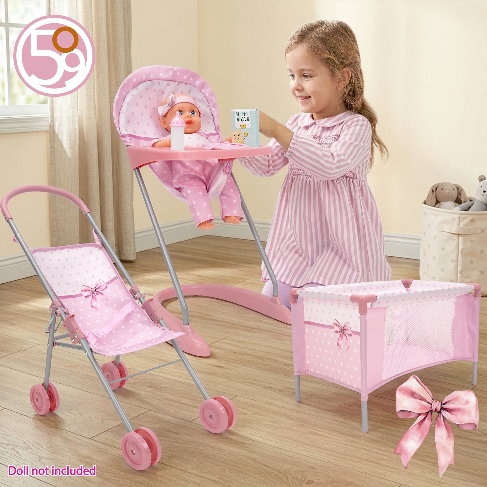 509 Crew: Bow Travel Care n Feed Set - Pink & White, 8pc On-the-Go Doll Accessories, Highchair-Umbrella Stroller-Play Yard, Doll Roleplay Toy, Kids 3+
