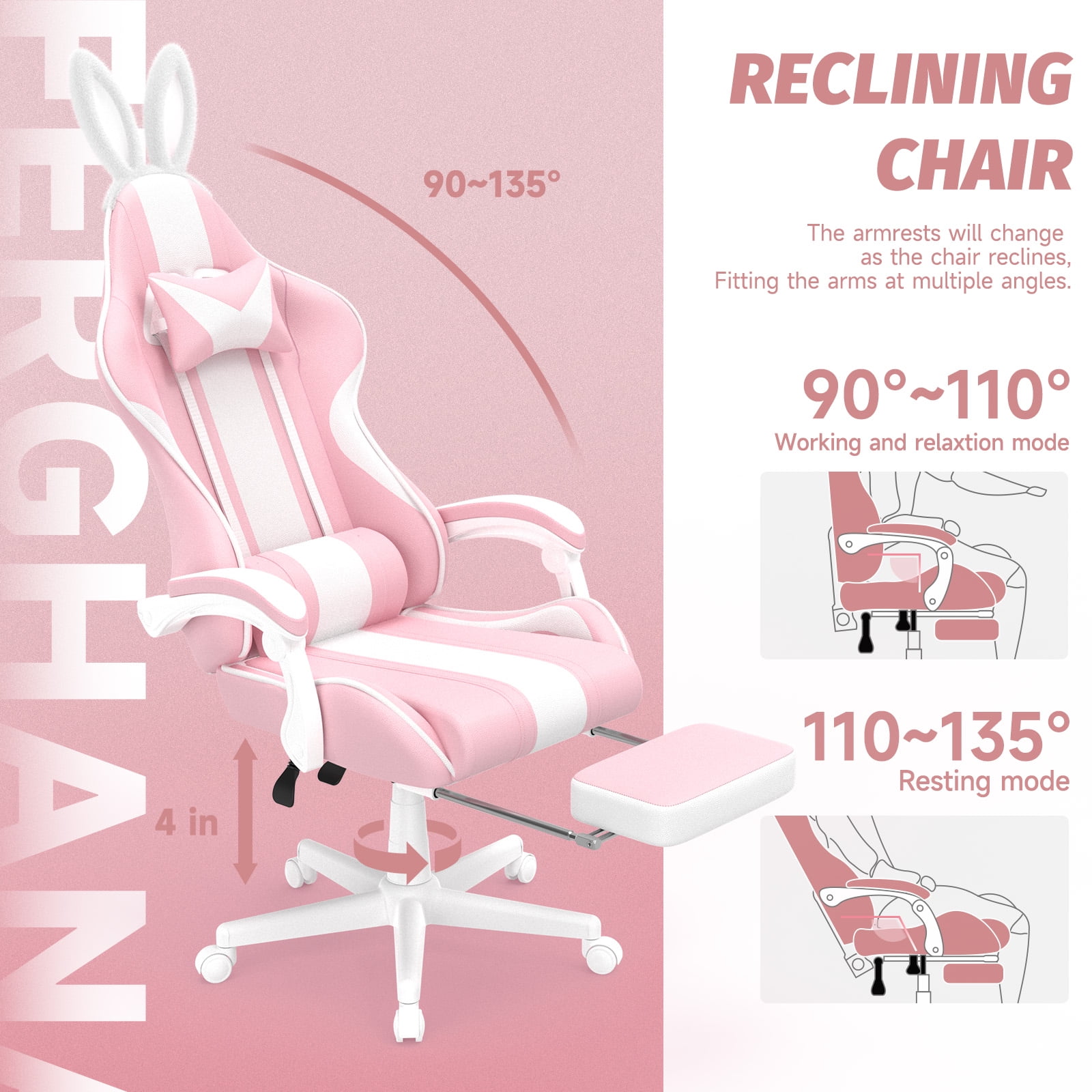 Luxvie Pink Gaming Chair with Footrest High Back Ergonomic Office Gamer Chair with Massage and Headrest Lumbar Support Swivel Computer Game Chair Cute Bunny Ears for Adults