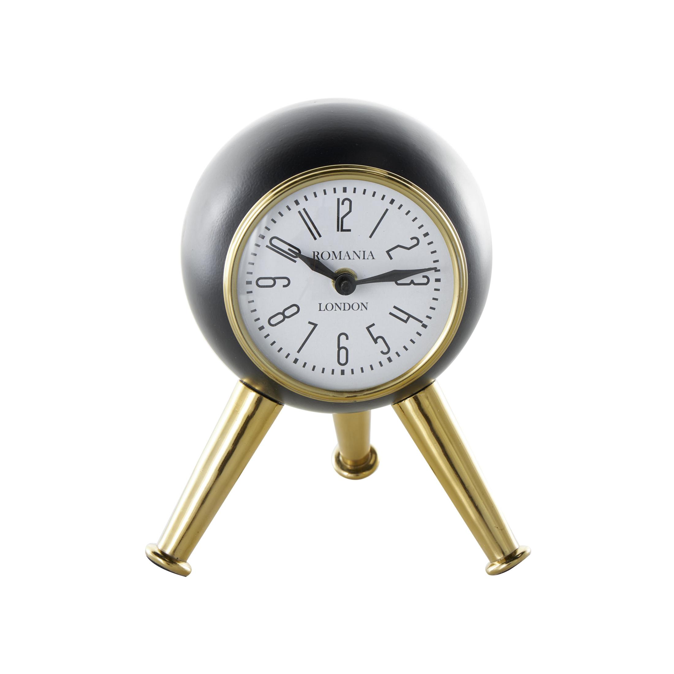 DecMode 9" Black Aluminum Metal Orb Clock with White Clockface and Gold Tripod Legs