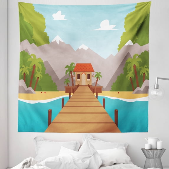 Ocean Blue Tapestry, Tropical Island Wooden Bridge Port Cottage Holiday Relaxing Scenery Artwork, Fabric Wall Hanging Decor for Bedroom Living Room Dorm, 5 Sizes, Multicolor, by Ambesonne