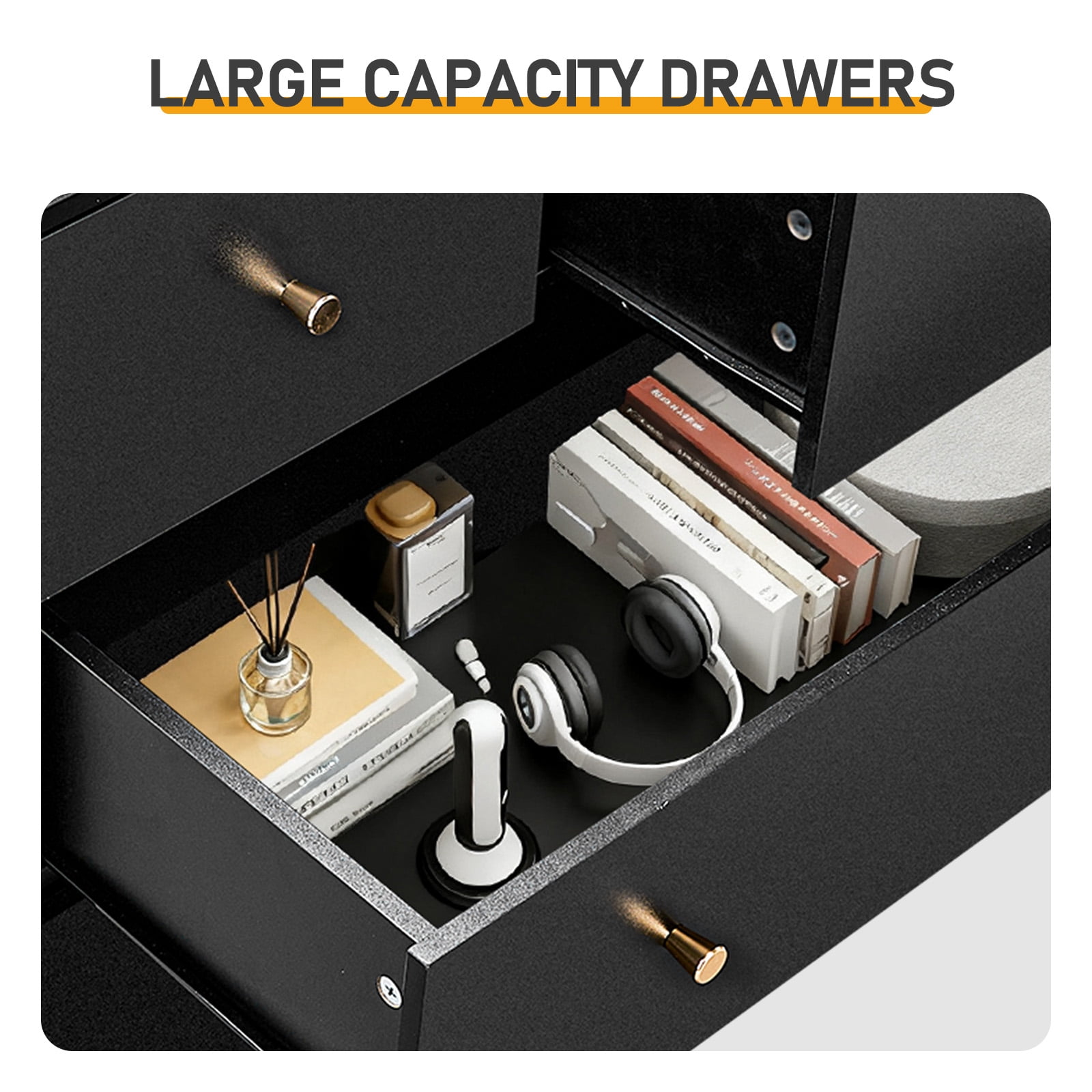 Black 7 Drawer Cabinet, Matte Gold Handles Textured Linen-Laminate Particle Board Cabinet, Tall Space-Saving Storage Organizer for Home Office Bedroom Living Area