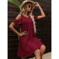 thumbnail image 3 of CALIPESSA Womens Summer Red Cold Shoulder Short Sleeve Round Neck Casual Flared Tunic A Line Dress, 3 of 5