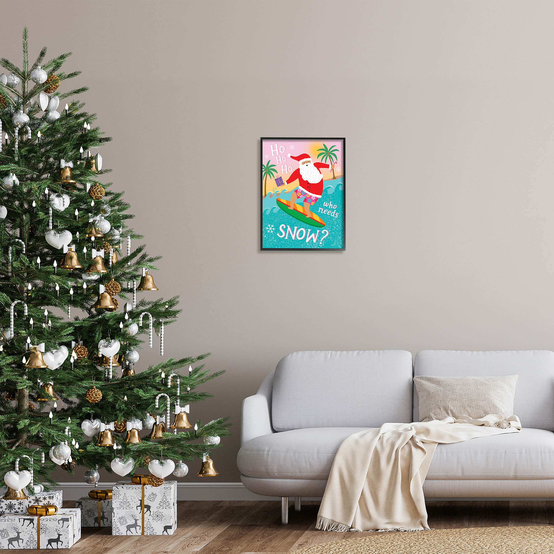 Who Needs Snow Surfing Santa Holiday Graphic Art Black Framed Art Print Wall Art