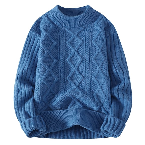 QTBIUQ Sweater Mens Casual Long Sleeve Pullover Solid Round-Neck Kink Warm Sweater Knitwear Top Coat Blue