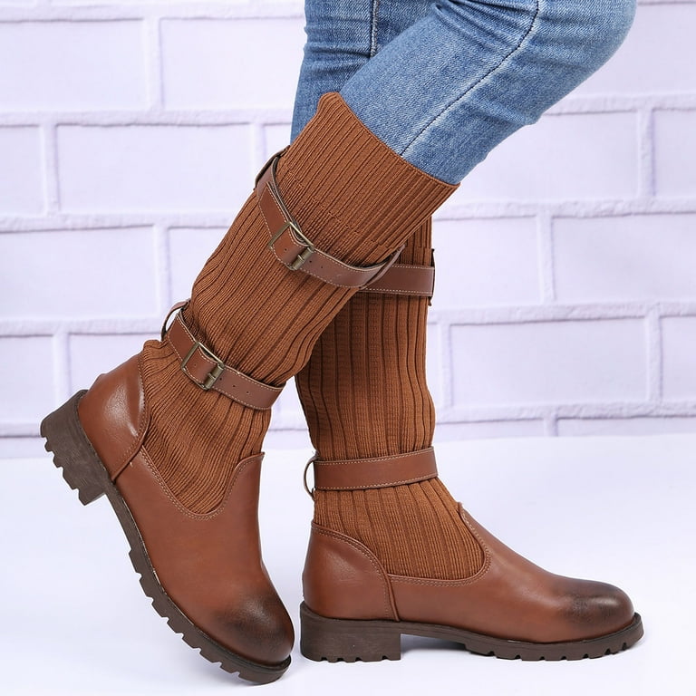 Cathalem Boots for Women Wide Calf No Heel Shoes Round Warm Middle Booties Knitting Keep Retro Wide Calf Fall Boots for Women Brown 8