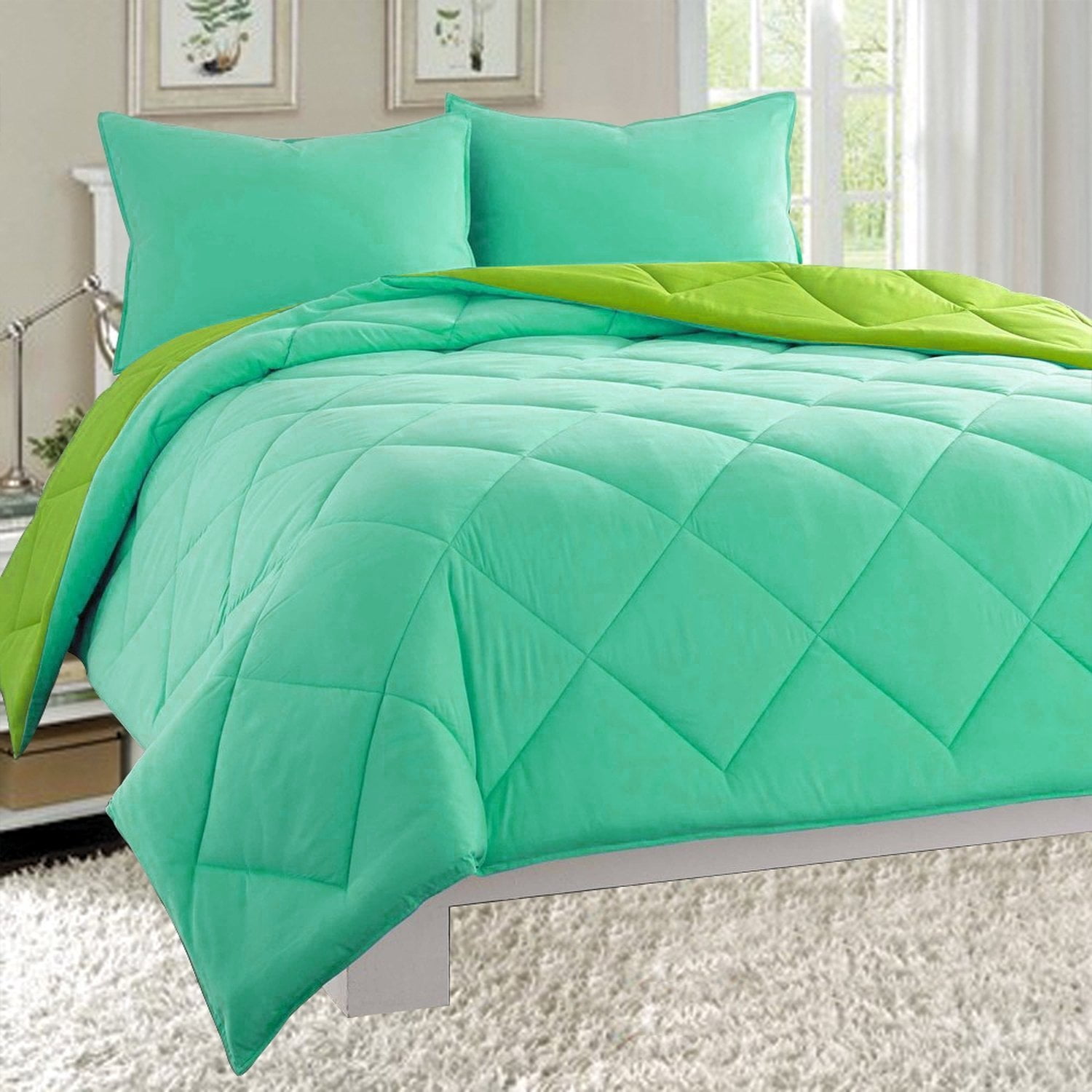 Lime Season-Comfort™ 3 Piece Reversible Comforter Set Down Alternative Aqua 