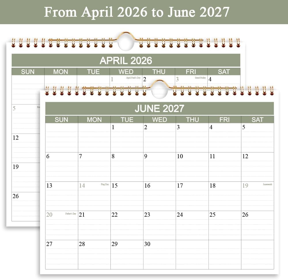 2026-2027 Calendar- Wall Calendar 2026-2027 Runs from April 2026 to June 2027-15 Months Calendar with Thick Paper for Home or Office, 8.5 x 11 Inches, Green