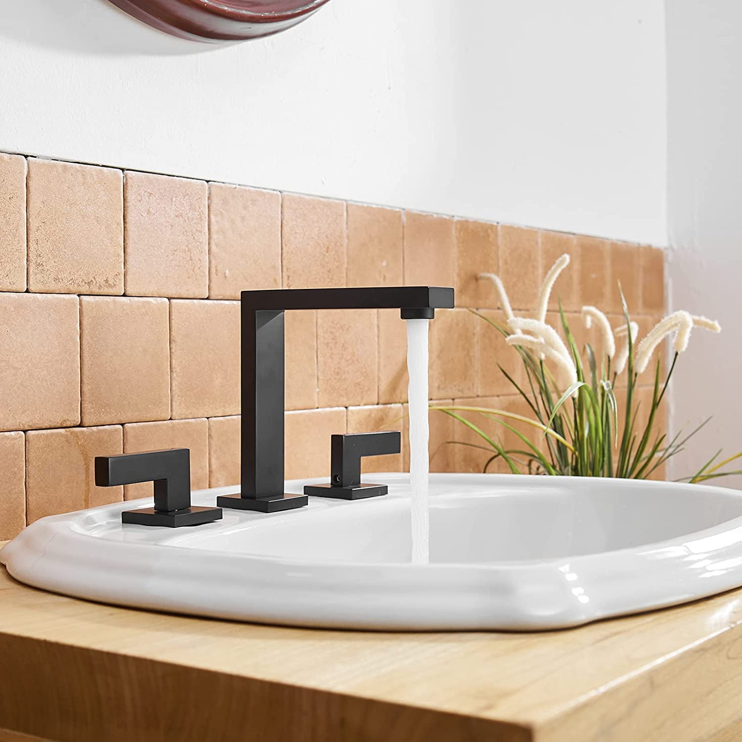 BWE Widespread Bathroom Faucet 3 Hole Matte Black with Pop Up Drain with Overflow Assembly and Supply Hose Bathroom Faucets for Sink 2-Handle 3 Pieces 8 Inch Basin Lavatory Mixer Tap