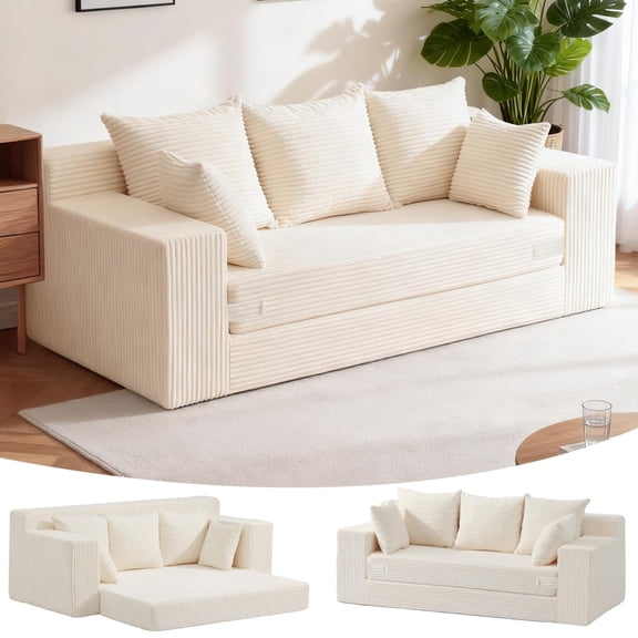 55" Small Boneless Couch, 3-in-1 Boneless Loveseat Sleeper Sofa Bed Convertible Sofa Bed with 4 Pillows, Black Corduroy Boneless Couch for Living Room, Guest Room, Small Space, No Assembly Required