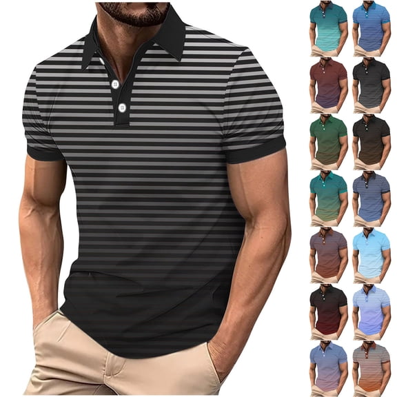 Mens Golf Shirts Short Sleeve Gradient Color Polos Business Casual Blouses Summer S-4X Soft Collared Tops (3XL, Dark Gray|Striped)