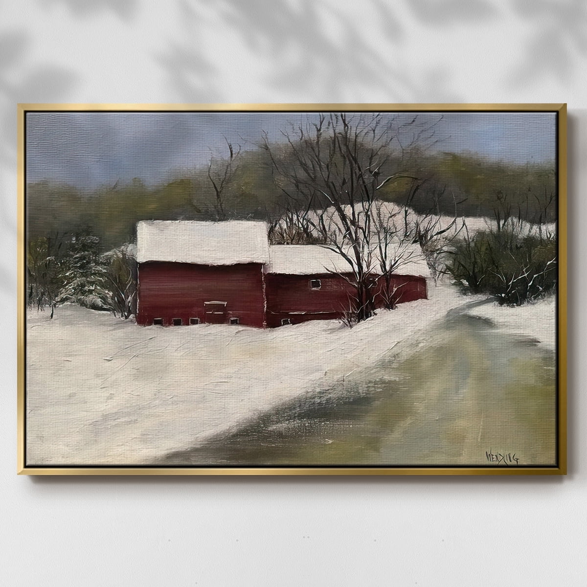 Winter Homestead II - Framed Gallery Wrapped Holiday Canvas - 17 x 25 - Gold Frame