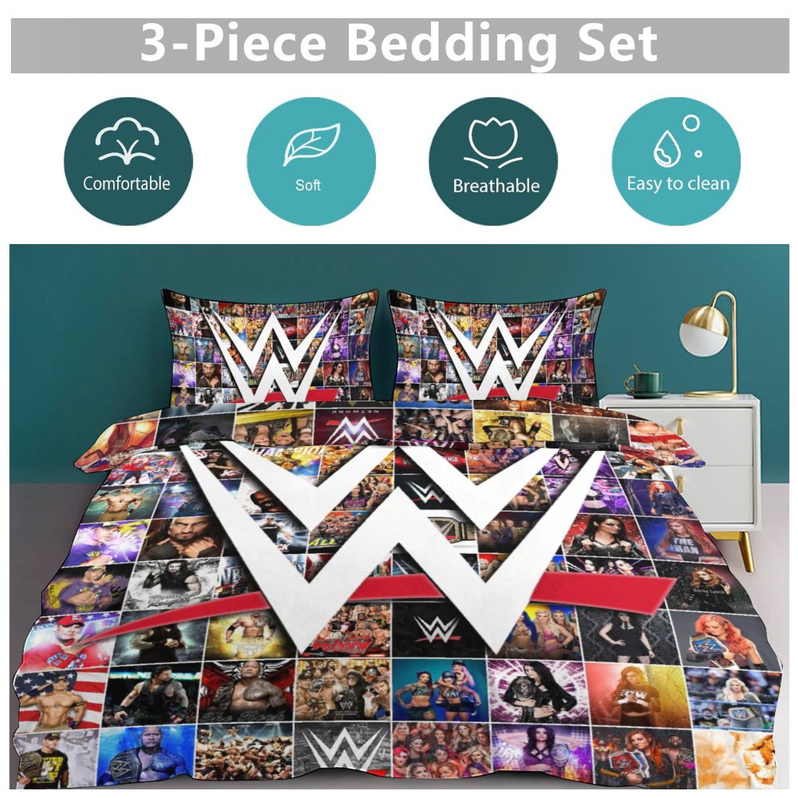 WWE 3-Piece Comforter Set for Bedroom, WWE Bedding Set for Kids