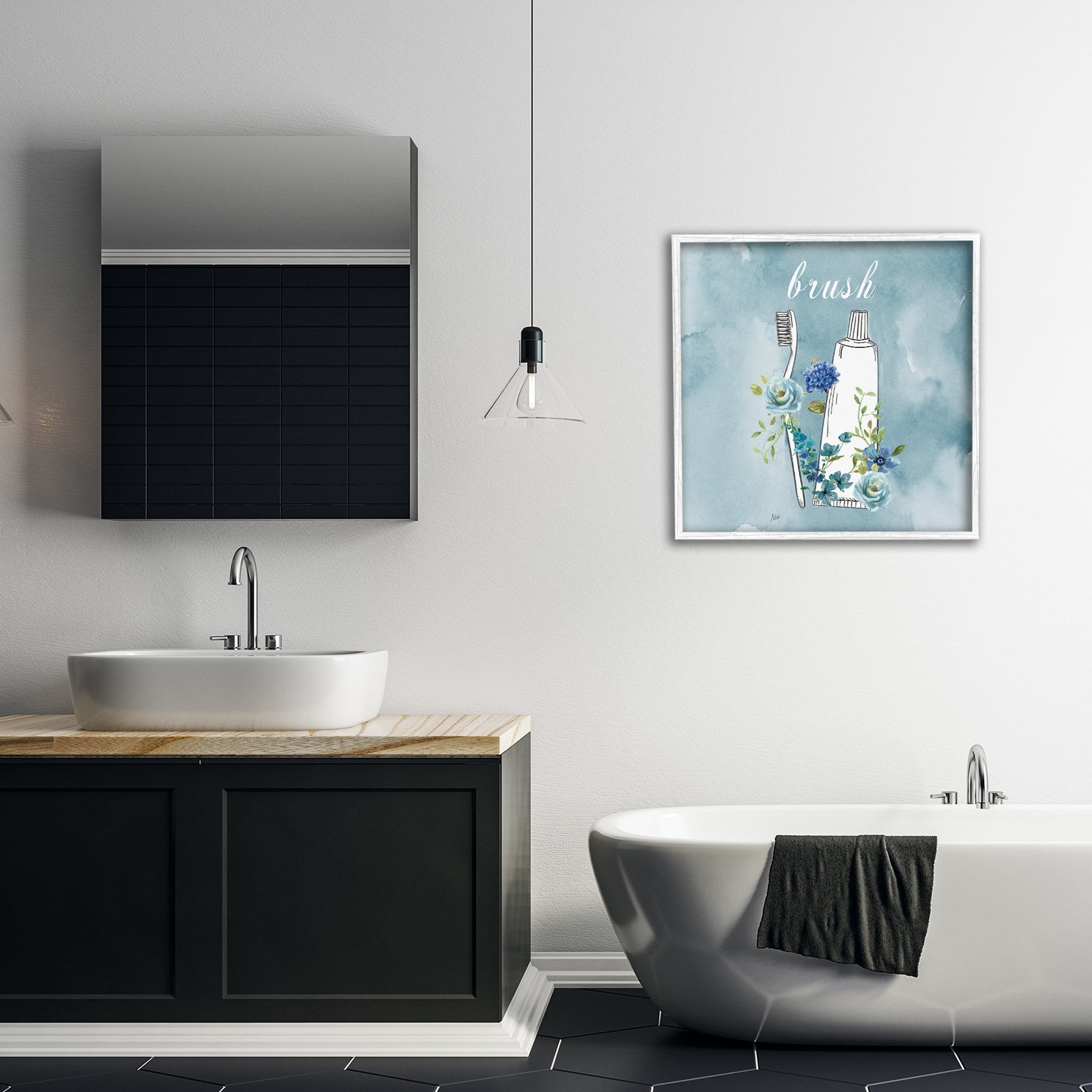 Stupell Industries Floral Bathroom Rules Brush White Framed Giclee Art, design by Nan