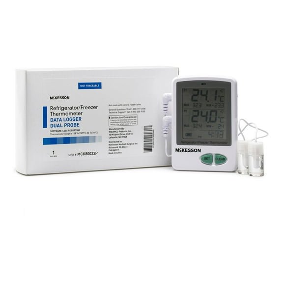 McKesson Digital Thermometer for Refrigerators, Freezers - Dual Probe, Data Logger, 1 Ct