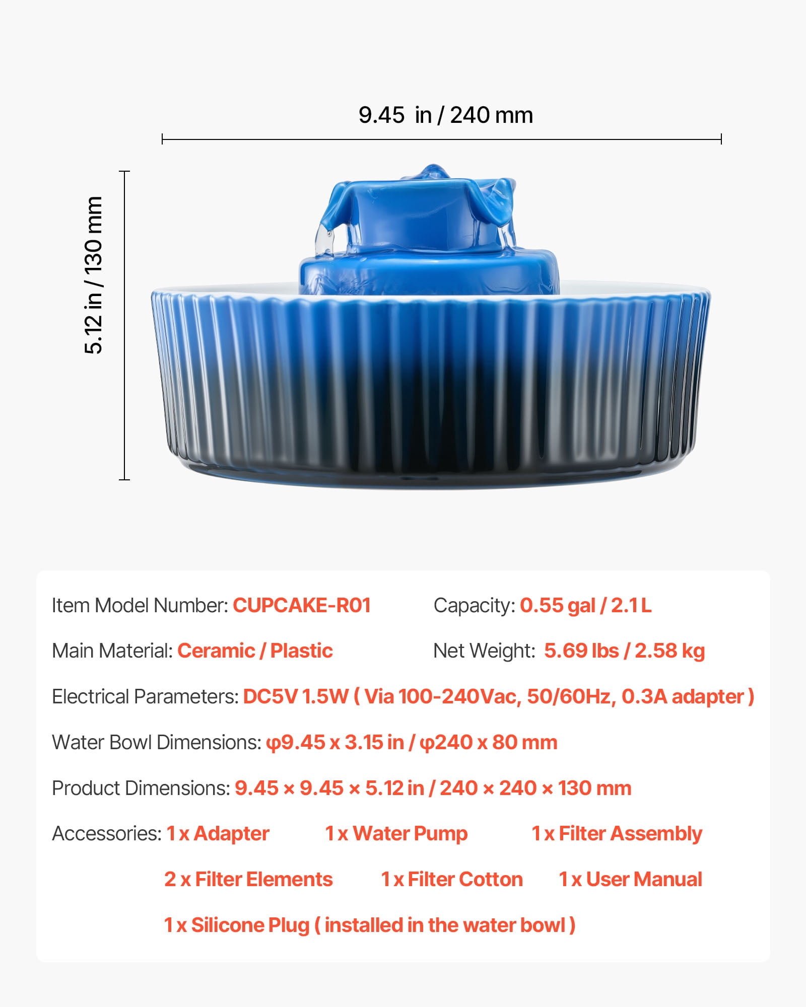 VEVOR Ceramic Cat Water Fountain, 2.1L/71oz Cupcake Pet Fountain, Porcelain Cat Water Dispenser with Ultra-Quiet Pump, 360° Drinking Area and Multi-Layer Filtration System, for Cats and Dogs (Blue)