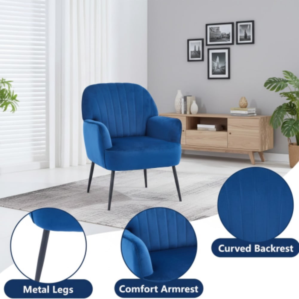 Velvet Accent Chair, Modern Upholstered Barrel Chair with Shell-Shaped Tufted Back, Padded Armrests, Metal Legs for Living Room, Bedroom & Office, Blue