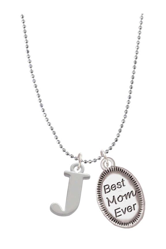 Silvertone Large Initial - J - Best Mom Ever Charm Necklace