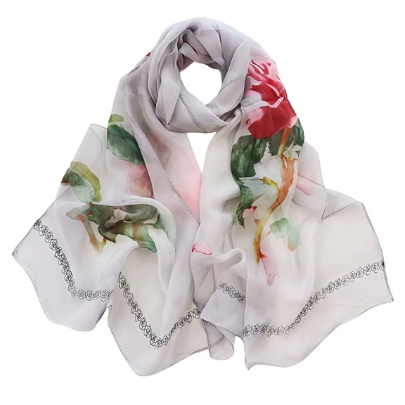 TELOLY Silk Scarf for Women, Lightweight Print Floral Pattern Scarf Shawl, Fashion Scarves, Shawls and Wraps for Spring, Chiffon Shawl, Grey