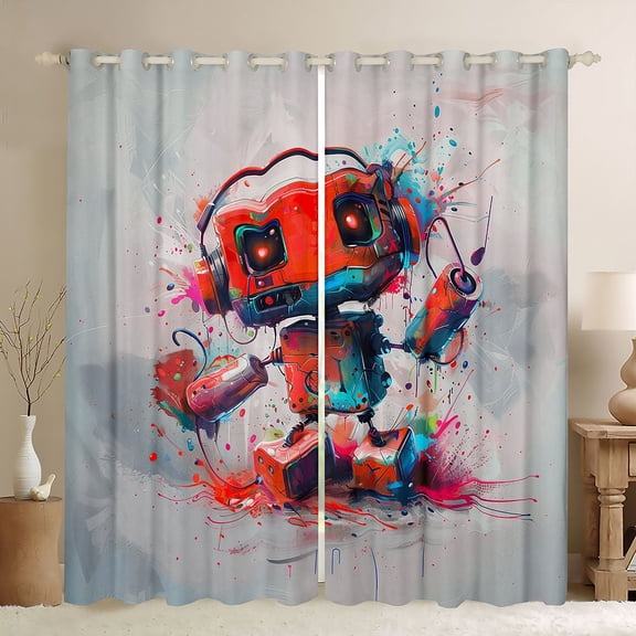 Feelyou Red Robot Black Out Curtains, Splatter Watercolor Curtains Pack of 2 (42x63 Each)