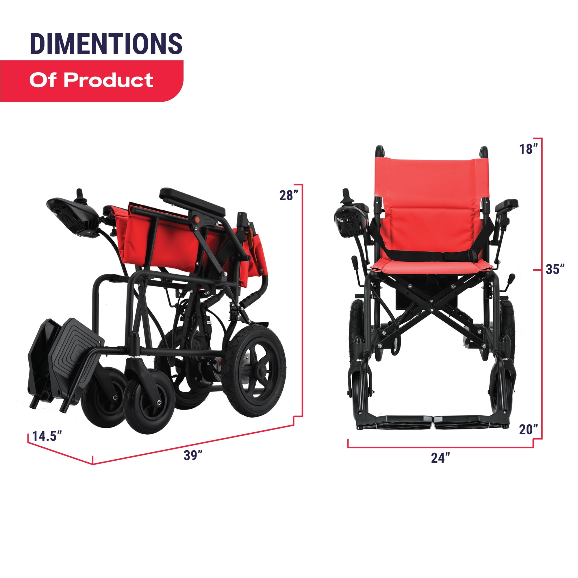 Lightweight Foldable Electric Wheelchair for Seniors, 500W Motor Power, 12 mi Cruise Range, Red