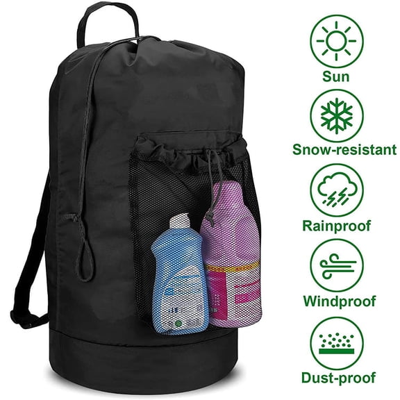 RUseeN Backpack Laundry Bag with Shoulder Straps and Mesh Pocket Durable Nylon Clothes Hamper Bag with Drawstring Closure for College, Travel, Laundromat, Apartment