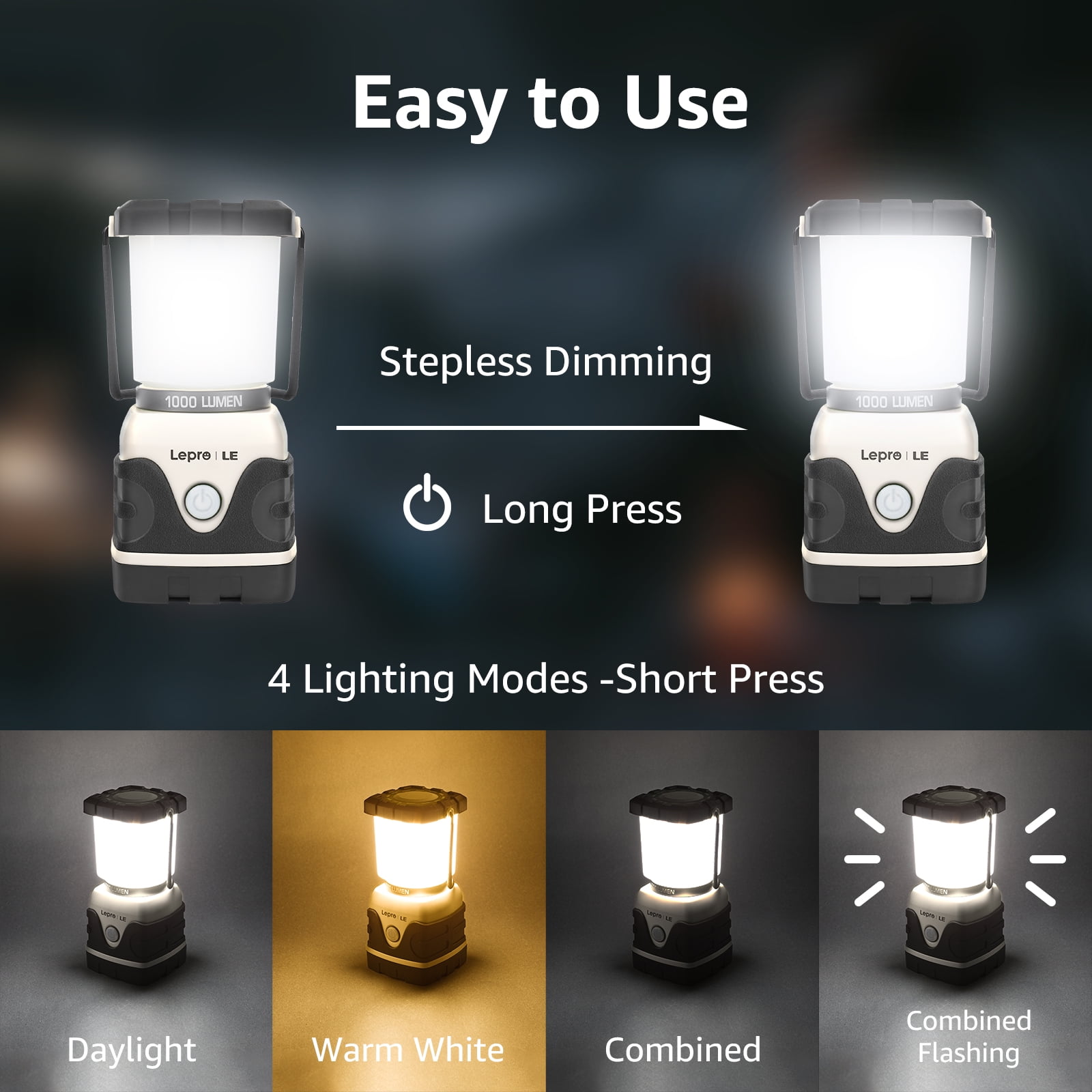 Lepro Camping Lantern, 1000 Lumen Camping Lights Battery Powered, Dimmable Warm White and Daylight Modes, Lantern and Flashlight for Power Cuts, Emergency Lighting, Hiking, Fishing, White