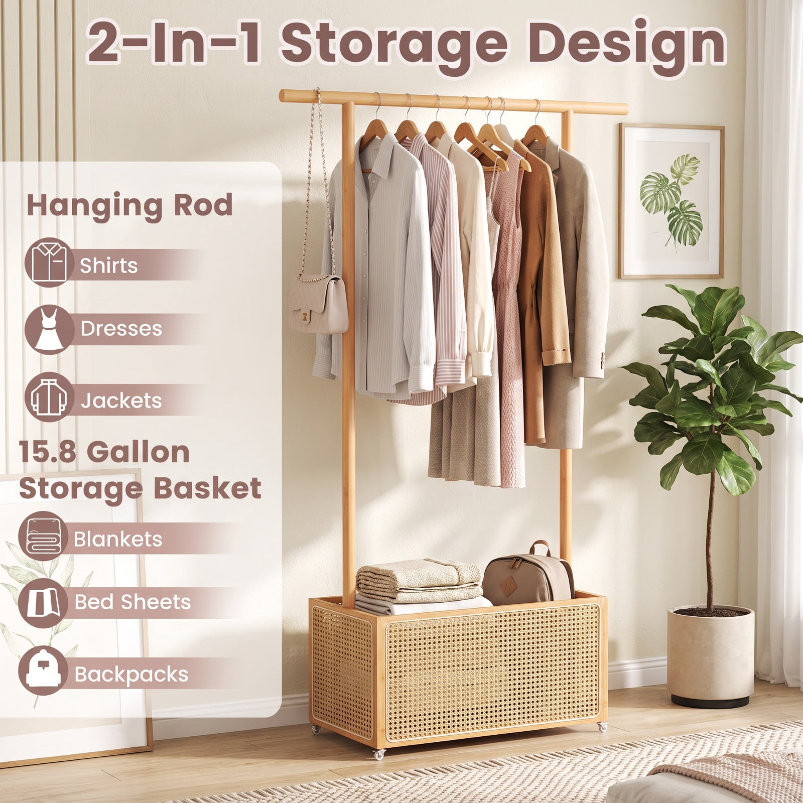 Furnibear Bamboo Clothes Rack with Wheels Woven Rattan Storage Basket and Hanging Rod Rolling Garment Rack for Bedroom and Entryway, Natural