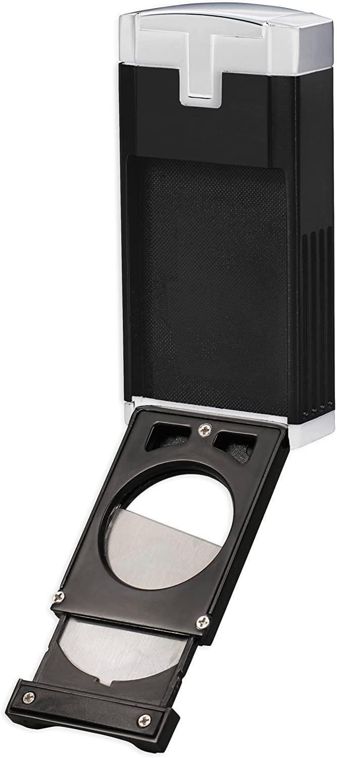 Lotus Duke Cigar Lighter with Triple Pinpoint Wind-Resistant Torch Flames, Single Action Ignition, Integrated Cutter, Tinted Fuel Level Window