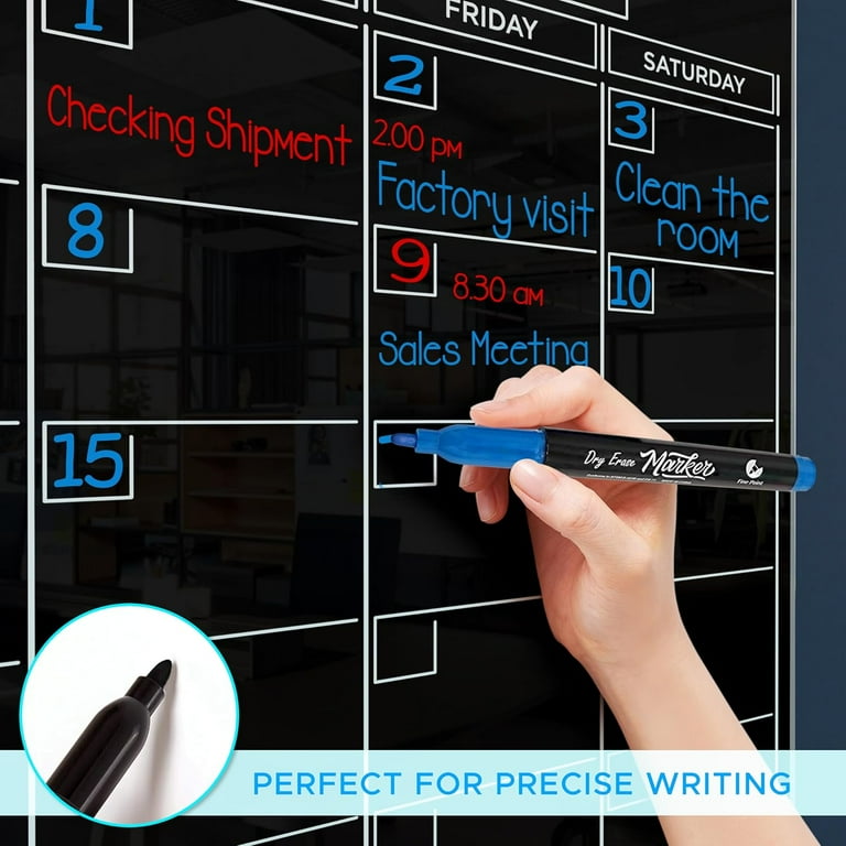 18x24 Inch Black Glass Monthly Dry Erase Calendar Board - Frameless, Wall Mount, Includes 4 Markers