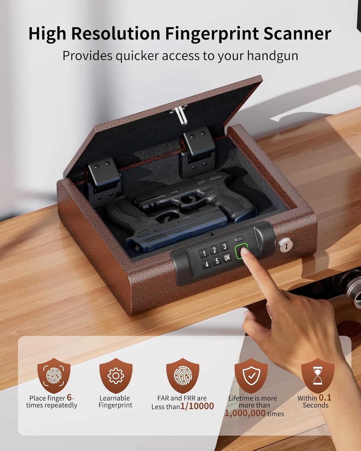Gun Safe,Biometric Gun Safe for Pistols 3-Ways unlock Fingerprint Digital PIN Key Unlock with Voice, Lock box for Cloakroom living room Bedroom Nightstand and Car Antique Bronze