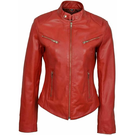 Women's Genuine Red Lambskin Leather Jacket Motorcycle Slim Fit Biker Jacket W455
