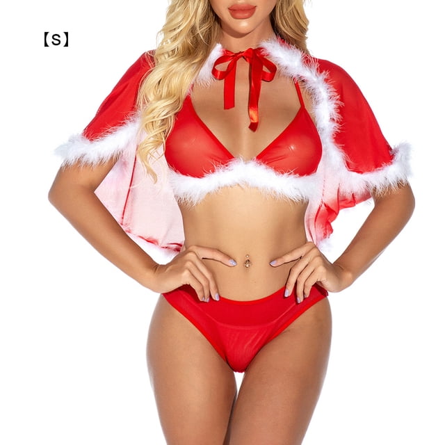 Conjunto de ropa interior sexy de Navidad para mujer, traje de cosplay de fiesta de lencería de encaje, S Speravity XX000091-01