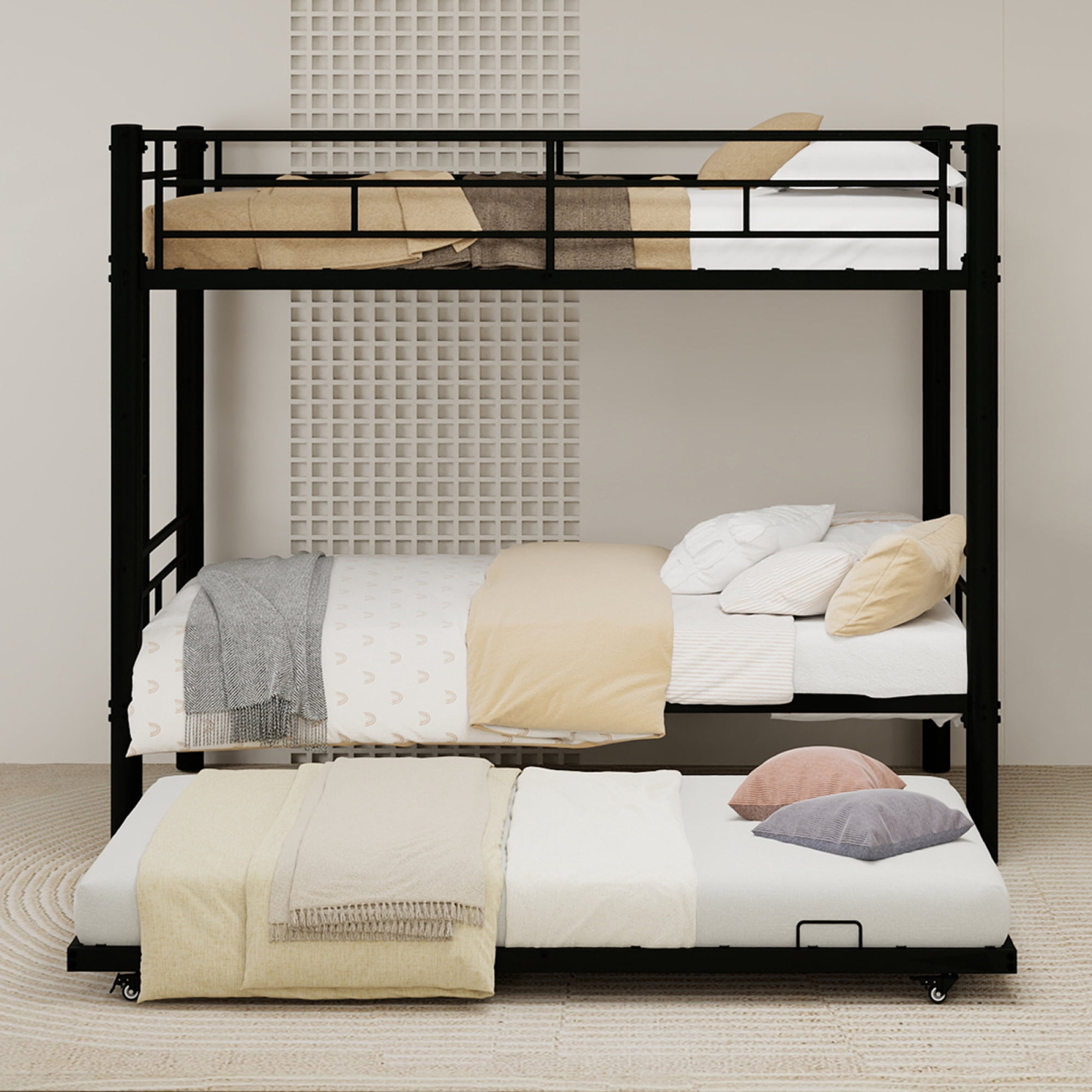 Twin over Twin Size Bunk Bed with Trundle, Heavy Duty Metal Bunk Bedframe with Ladder and Guardrails, Detachable Bunk Beds for Boys Girls