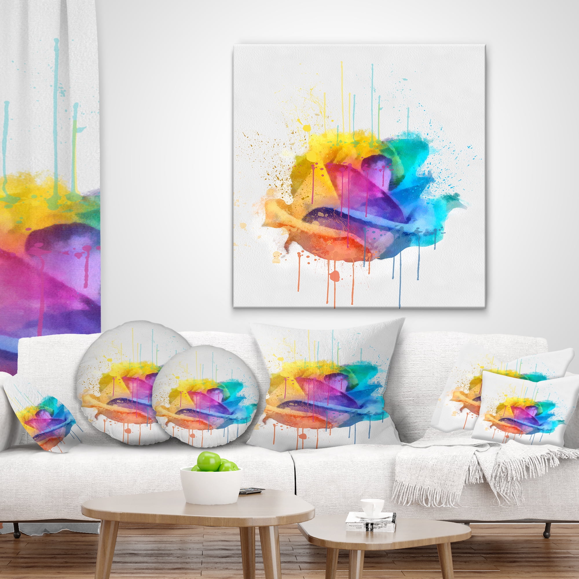 Designart Multicolor Rose with Color Splashes - Floral Throw Pillow - 18x18