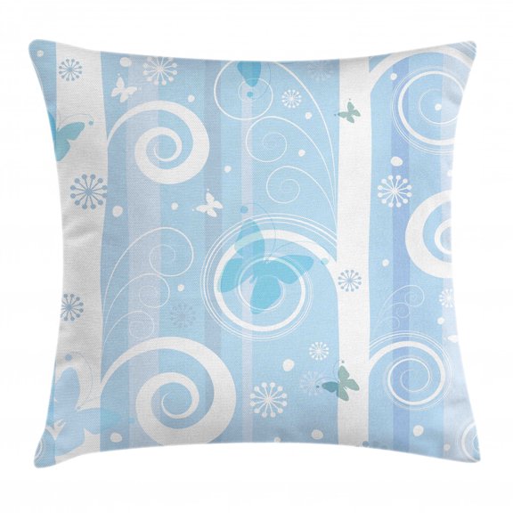 Christmas Throw Pillow Cushion Cover, Swirled Lines Snowflakes and Butterflies Fantastic Festive Abstract Winter, Decorative Square Accent Pillow Case, 24 X 24 Inches, Baby Blue White, by Ambesonne