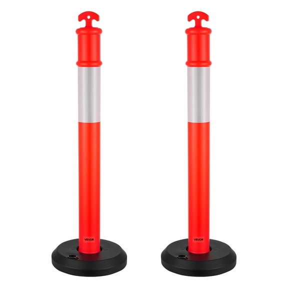 VEVOR 2 Pack Traffic Delineator Posts, 48 inches Traffic Safety Cones with Fillable Base and Reflective Strips, Heavy Duty Delineator Posts for Construction Site, Parking Lot, Crowd Control, Red