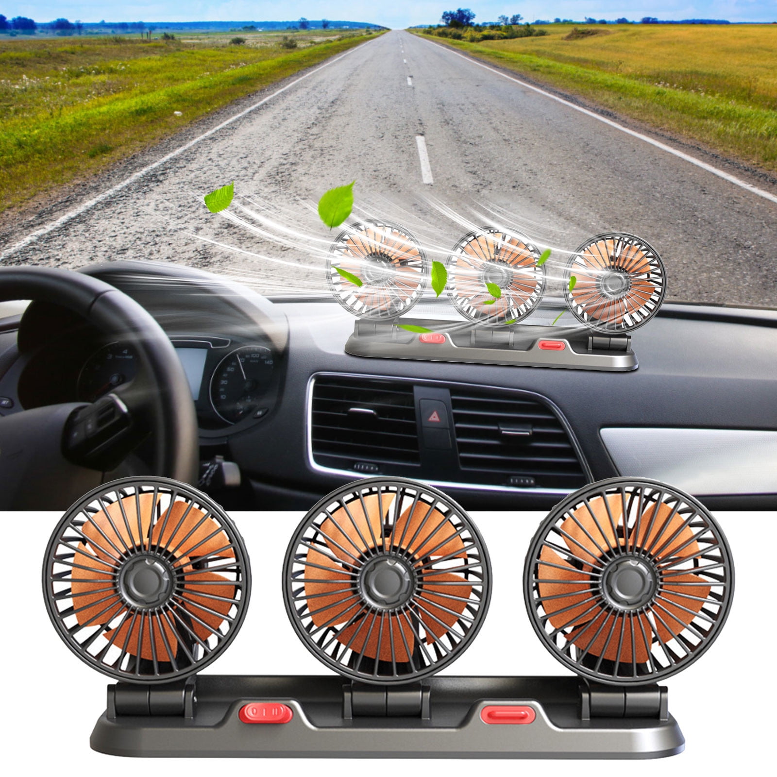 Ohmyroo Multifunctional Three Head Car Fan USB Powered Vehicle Cooling Fan 360 Degree Rotation Auto Dashboard Fan