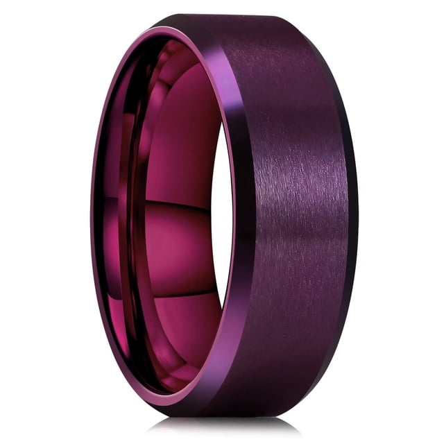 Simple 8mm Purple Stainless Steel Rings For Men Women Purple Matte Finish Beveled Polished Edge Men Rings Wedding Band Jewelry Style1 8