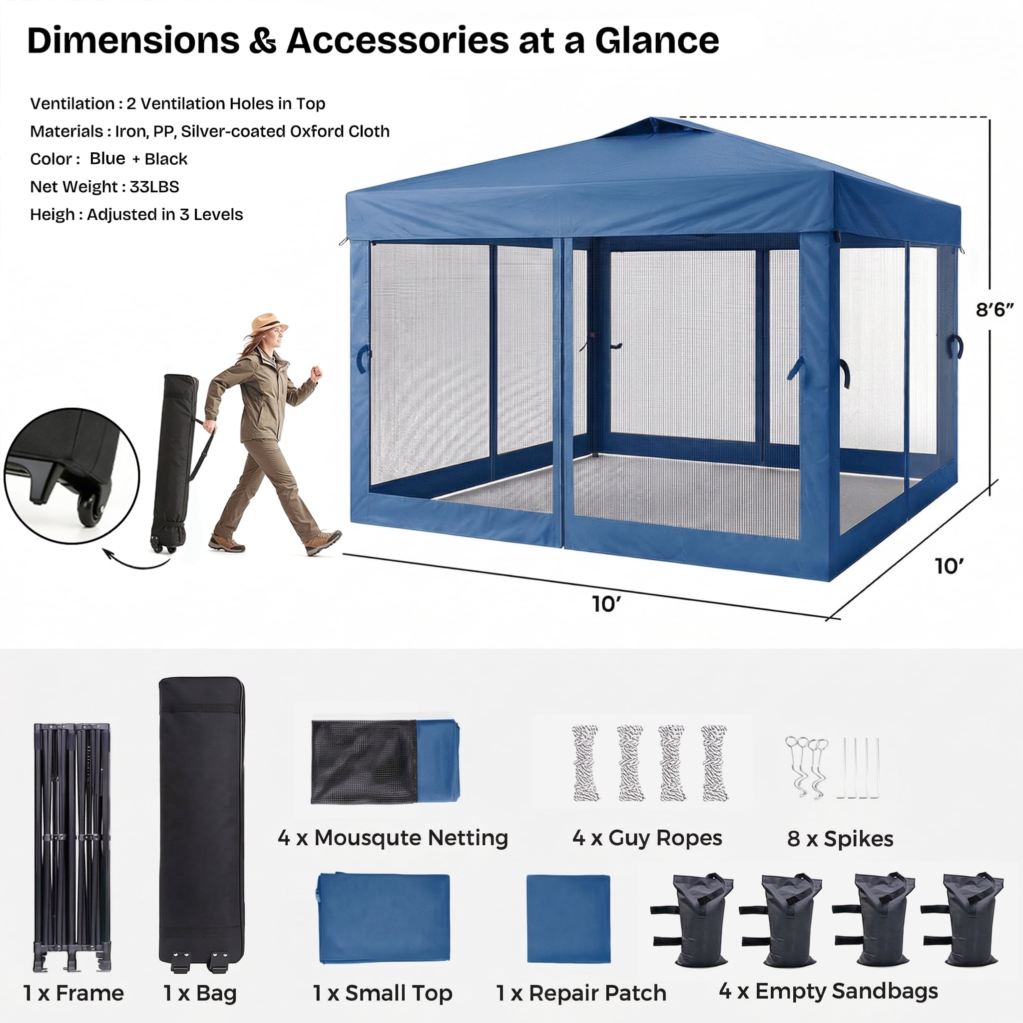 Advwin 10x10 Pop Up Canopy Tent with Netting, Instant Folding Outdoor Gazebo with Wheeled Carry Bag, 3 Adjustable Heights, 4 Sandbags & 4 Ropes, Portable Canopy Shelter for Patio, Backyard, Camping,