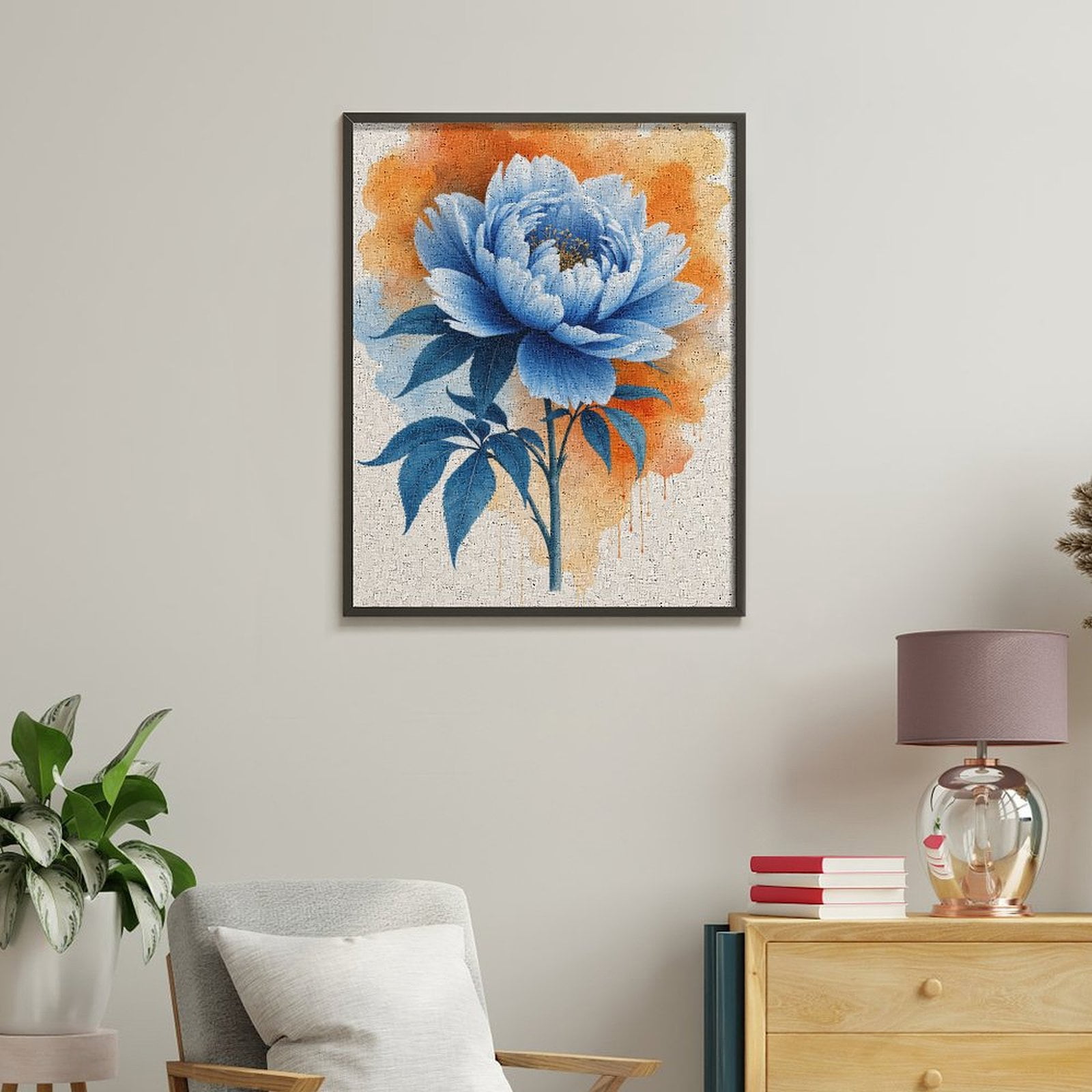 Paint By Numbers Kit for Adults Beginner - DIY Blue Flower Art on Orange Background Canvas Painting Kits for Adults, Frameless Paint By Number for Adults for Home Wall Decor 16x20 Inch