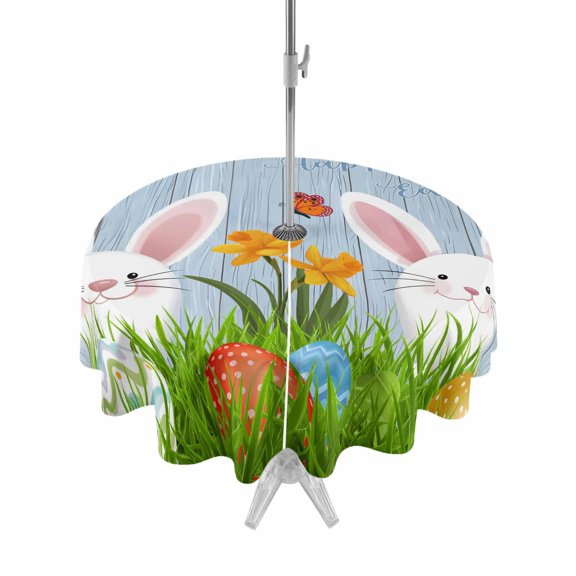 Outdoor Tablecloth with Umbrella Hole and Zipper, Easter Bunny Round Table Cloth 54 Inch Waterproof Tablecloth, Spring Easter Eggs Floral Blue Woodn Picnic Table Cover for Patio Camping