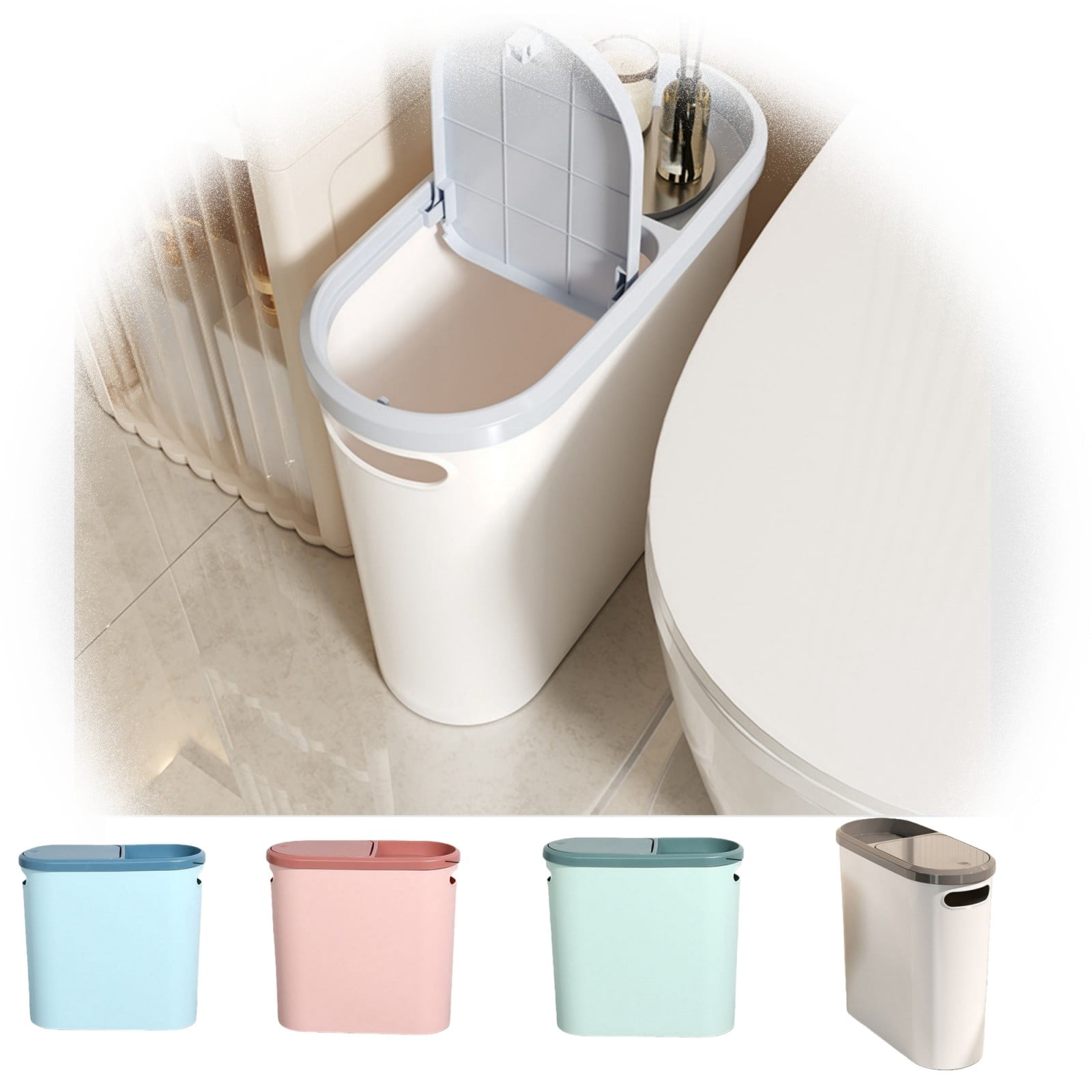 Small Bathroom Can with Lid, 2.6 Gallon / 10L Slim Garbage Bin with Pop-Up Top, Mini Waste Basket for Kitchen, Bedroom, Office, Laundry, or Toilet, Space-Saving Design