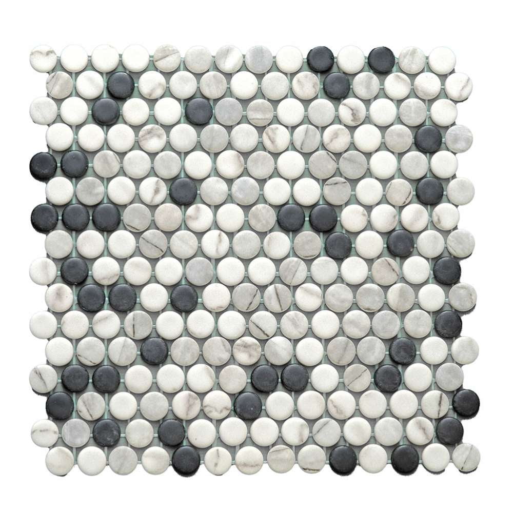 The Tile Life Eterna Penny 4" x 4" Black & White Glass Round Mosaic Tile Sample 1 Piece